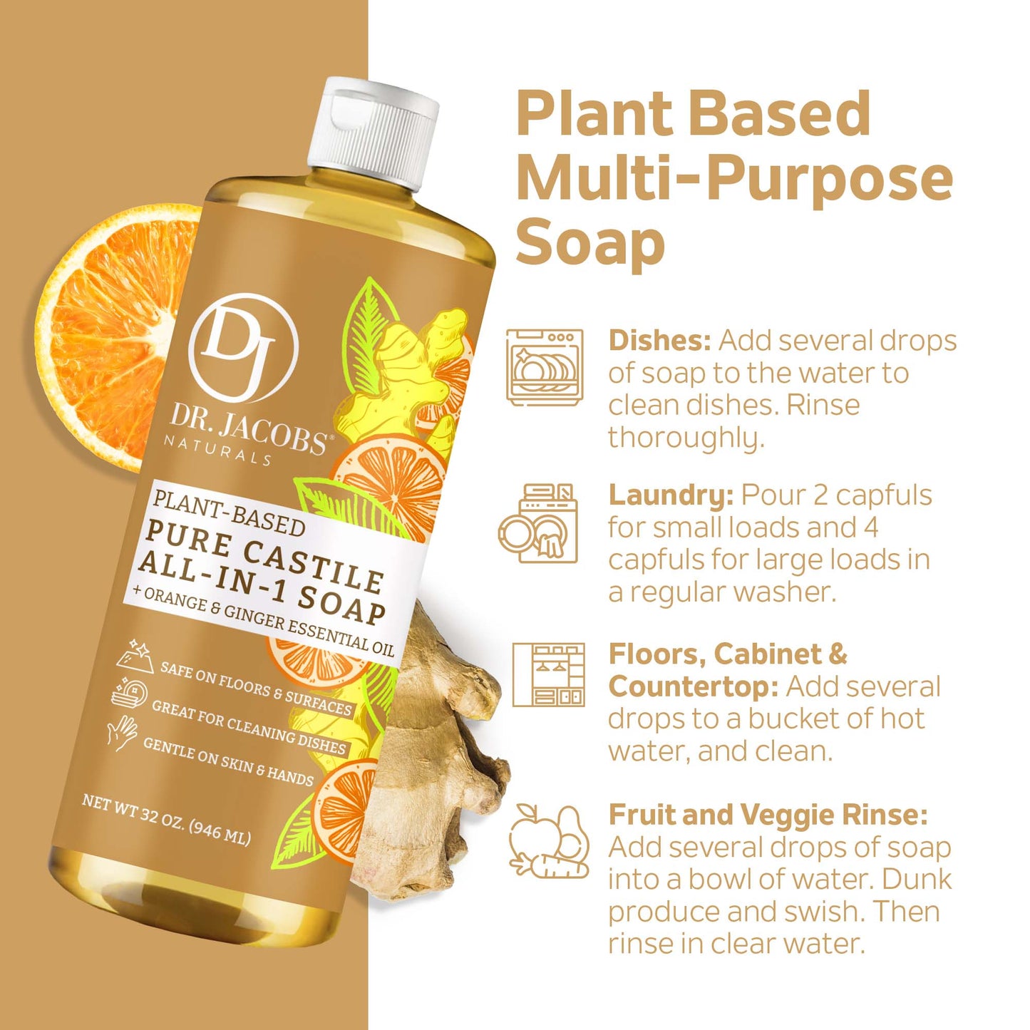 Orange & Ginger All in 1 Castile Soap - Thin Formula