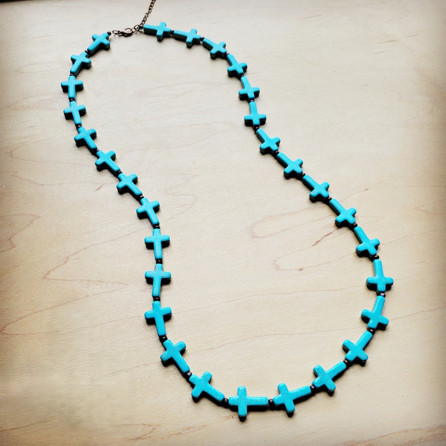 Blue Turquoise & Wood Beaded Cross Necklace 258n