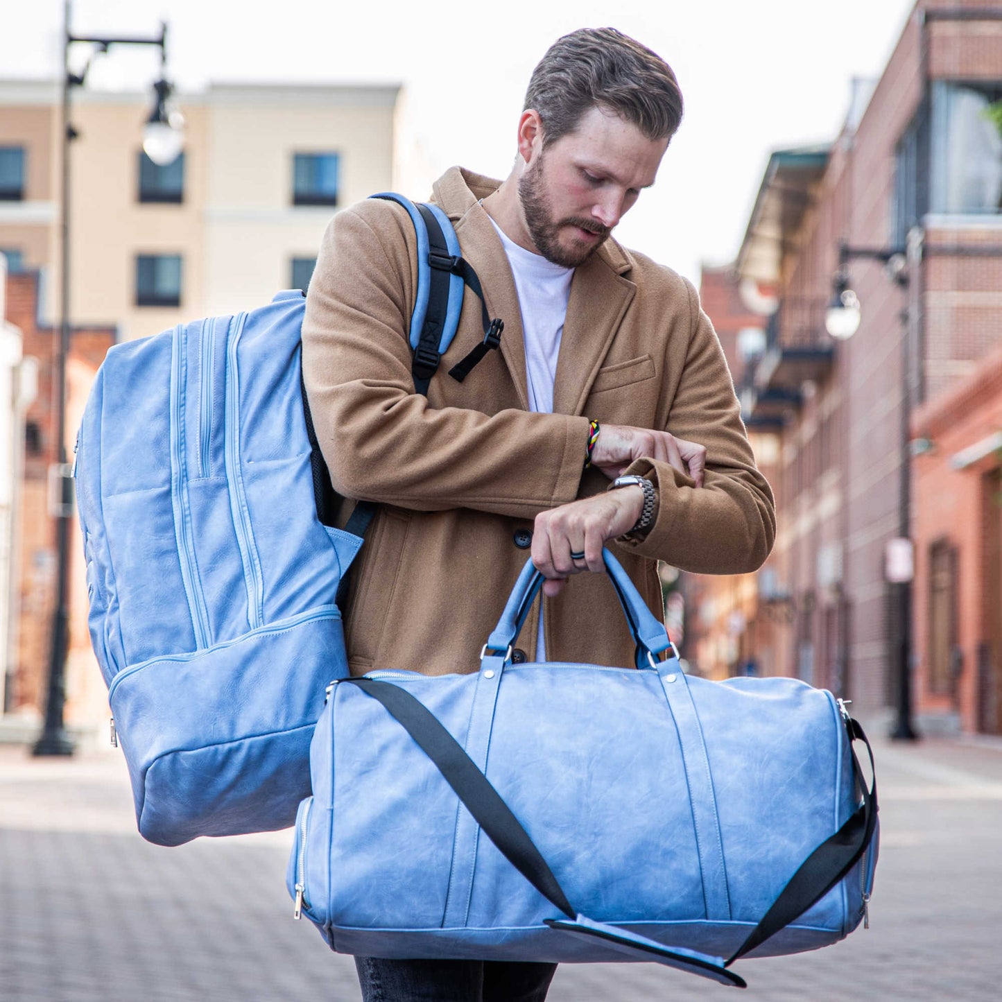 Baby Blue Leather Patented Carry-On Backpack