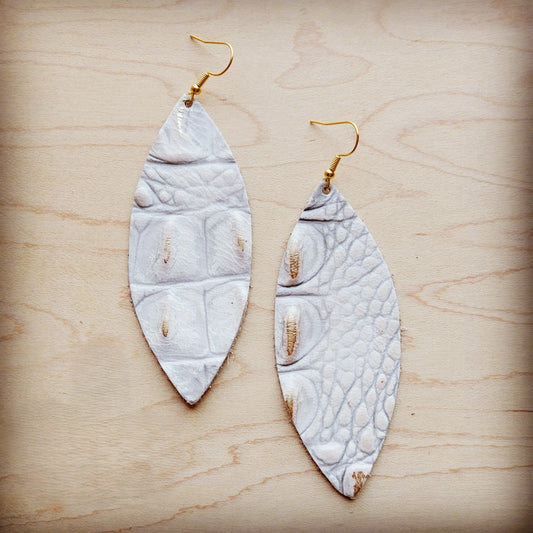 **Narrow Leather Oval Earrings-White and Gold Gator 209z
