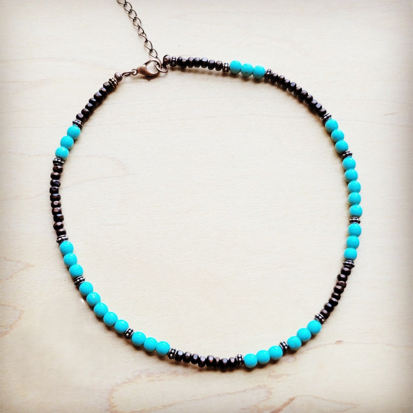 Blue Turquoise, Wood and Copper Beads Collar Necklace 230g