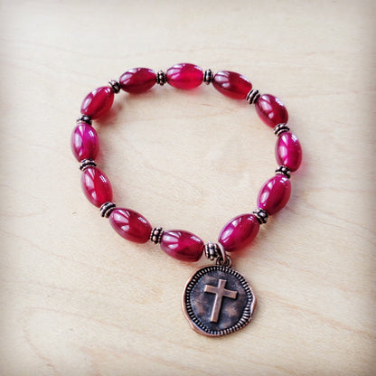 **Natural Pink Jade Beaded Bracelet w Scroll Charm Accent 810x