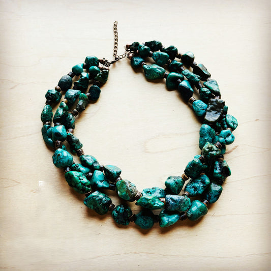 **Large Triple Strand Natural Turquoise & Wood Collar Necklace 252x
