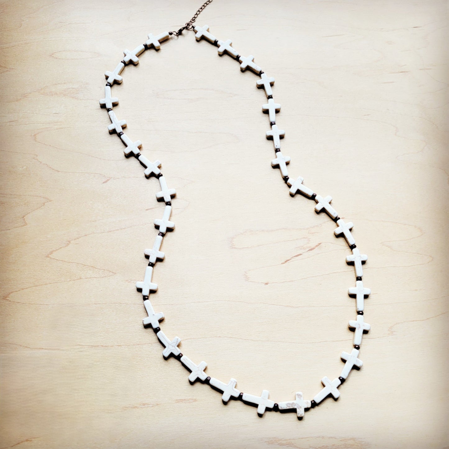 **White Turquoise & Wood Beaded Cross Necklace 258o