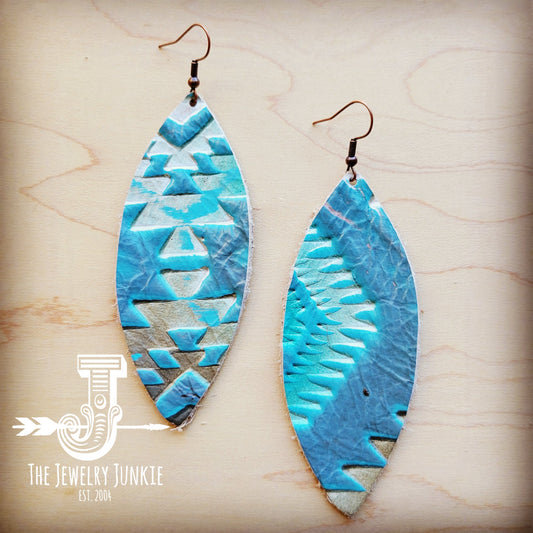 **Leather Oval Earrings-Aztec Cyan 210d