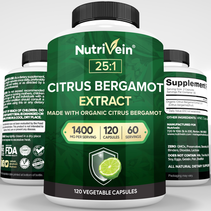 Nutrivein Premium Citrus Bergamot Supplement 1400mg 25:1 Bergamia Extract - 60 Day Supply - 120 Capsules