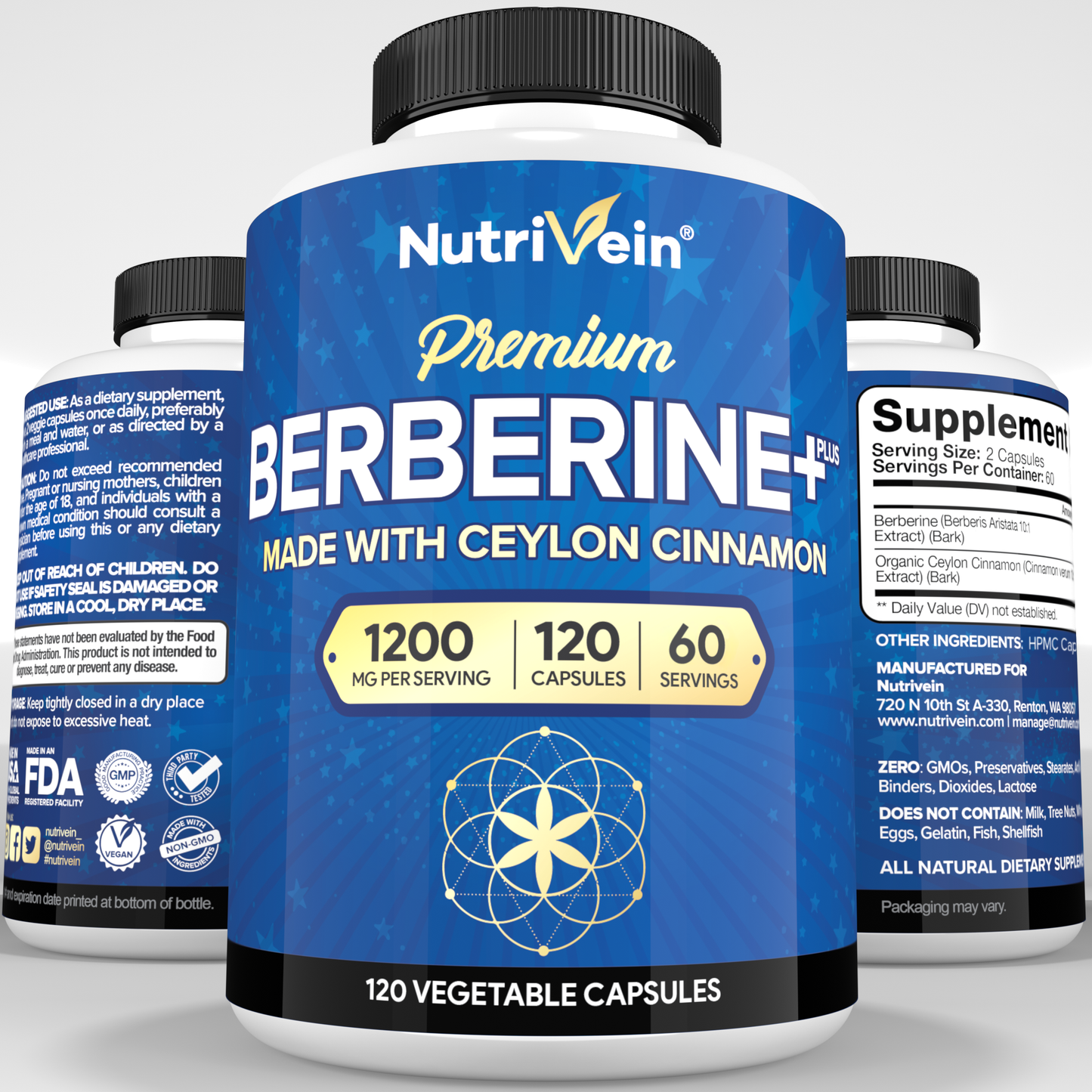 Nutrivein Premium Berberine 1200 mg with Ceylon Cinnamon - 120 Capsules