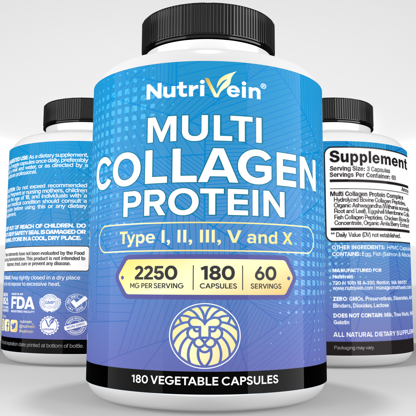 Nutrivein Premium Multi Collagen Pills 2250 mg  - 180 Capsules