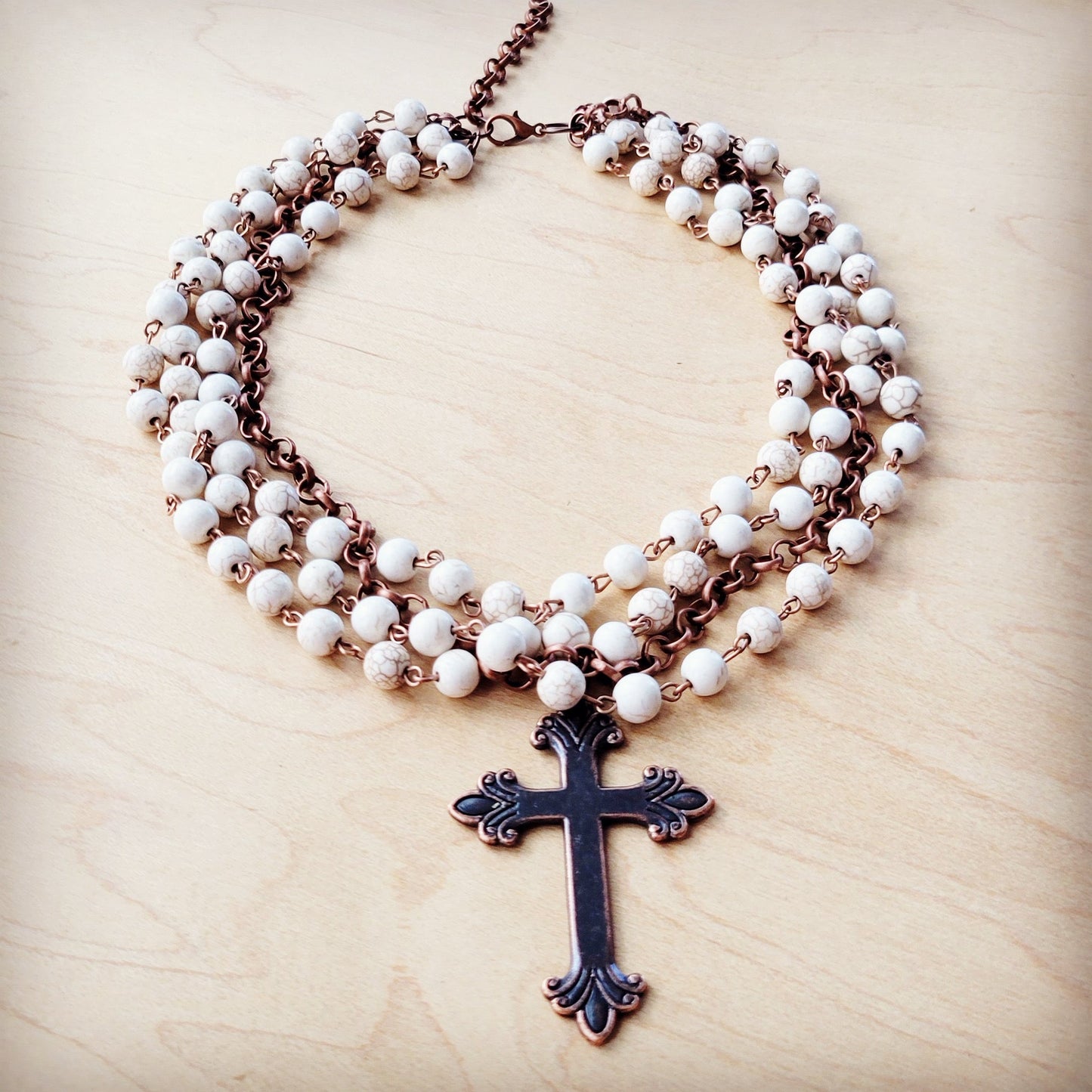 White Turquoise Beaded Collar Necklace w/ Cross Pendant 260z