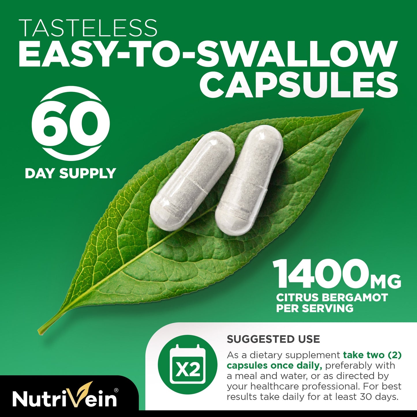 Nutrivein Premium Citrus Bergamot Supplement 1400mg 25:1 Bergamia Extract - 60 Day Supply - 120 Capsules
