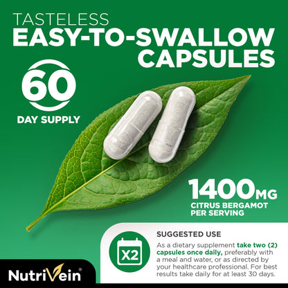 Nutrivein Premium Citrus Bergamot Supplement 1400mg 25:1 Bergamia Extract - 60 Day Supply - 120 Capsules