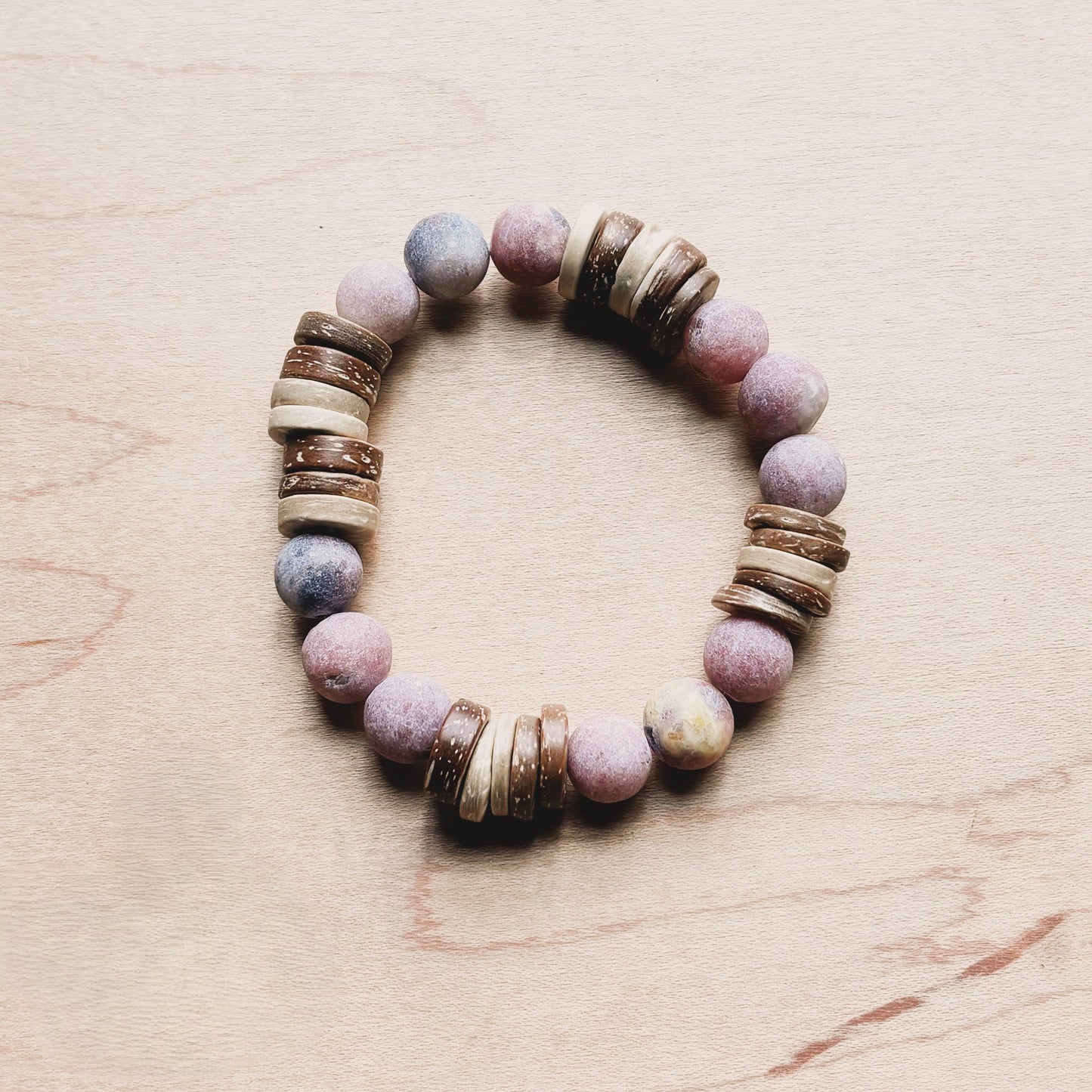 **Frosted Marble Jasper and Wood Stretch Bracelet (808z)