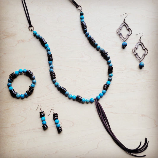 **Ocean Agate Necklace with Wood Beads and Leather Tassel 260b