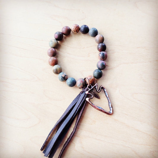 Picasso Jasper Beaded Bracelet w/ Leather Tassel and Arrowhead 810o