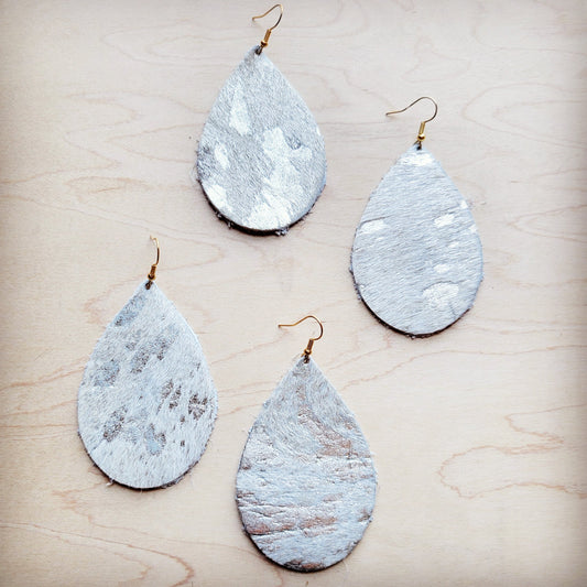 **Leather Teardrop Earrings-Silver Metallic Hair-On-Hide 224i