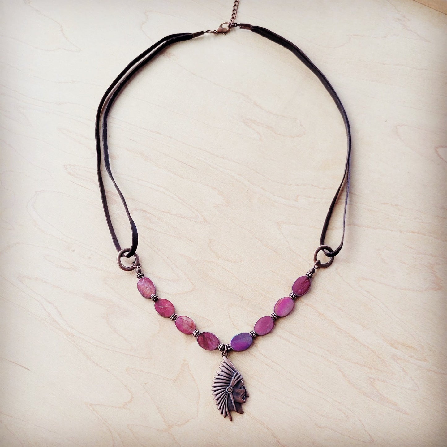 **Natural Pink Jade Beaded Collar Necklace w/ Leather Closure 261o