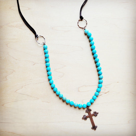 **Frosted Magnesite Beaded Necklace w/ Copper Cross 258i
