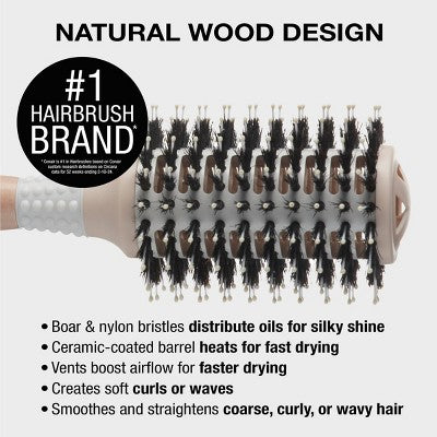 Conair Ceramic Wood Vented Boar Bristle Round Hair Brush Large Barrel All Hair - Imperfect Box
