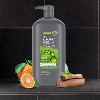 Dove Men+Care Extra Fresh Refreshing Body &Face Wash Pump 30 fl oz - Imperfect container