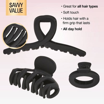 scunci Assorted Styles Claw Clips Matte Black All Hair 3pcs - Imperfect Box