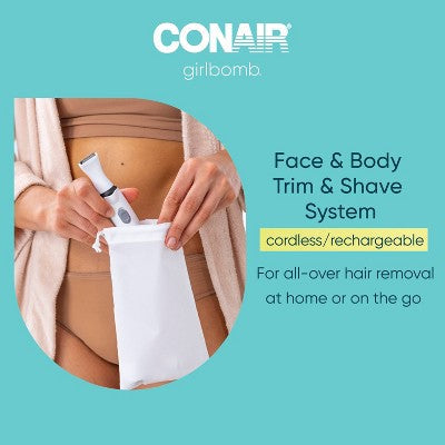 Conair Girlbomb Wet and Dry Cordless Rechargeable Face Shaver with Nose, Ear, Eyebrow and Bikini Trimmer Attachments Set 6pc - New