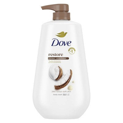Dove Restore Body Wash Pump Coconut & Cocoa Butter 24hr Lotion-Soft Skin 30.6 fl oz - New