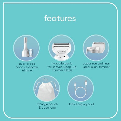 Conair Girlbomb Wet and Dry Cordless Rechargeable Foil Body Shaver with Facial,Eyebrow and Bikini Trimmer Attachments Set 5pc - Imperfect Box