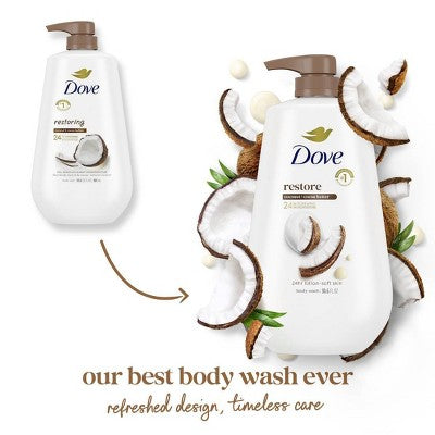 Dove Restore Body Wash Pump Coconut & Cocoa Butter 24hr Lotion-Soft Skin 30.6 fl oz - New