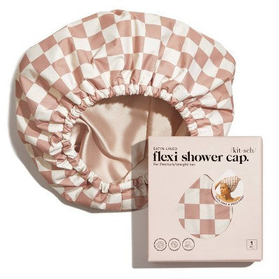 Kitsch Satin Lined Flexi Shower Cap Terracotta Checker - Imperfect Box