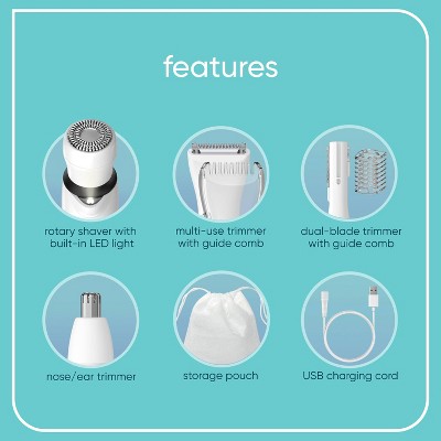 Conair Girlbomb Wet and Dry Cordless Rechargeable Face Shaver with Nose, Ear, Eyebrow and Bikini Trimmer Attachments Set 6pc - New