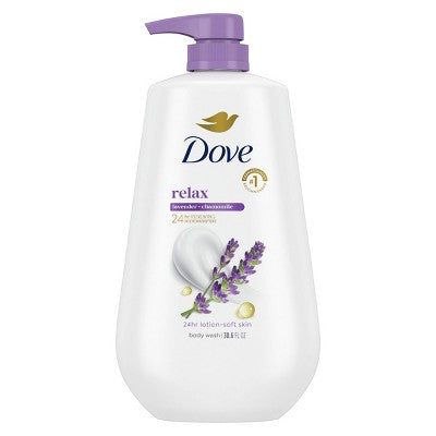 Dove Relax Body Wash Pump Lavender & Chamomile 24hr Lotion-Soft Skin 30.6 fl oz - Imperfect Container