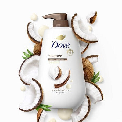 Dove Restore Body Wash Pump Coconut & Cocoa Butter 24hr Lotion-Soft Skin 30.6 fl oz - New