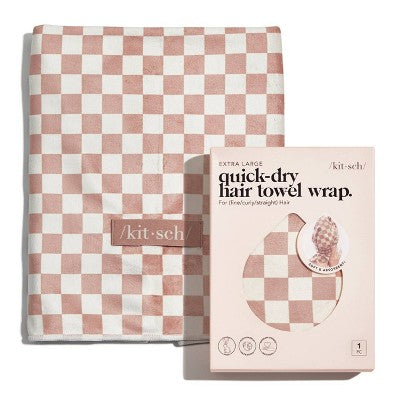 Kitsch Extra Large Quick-Dry Hair Towel Wrap Terracotta Checker - New