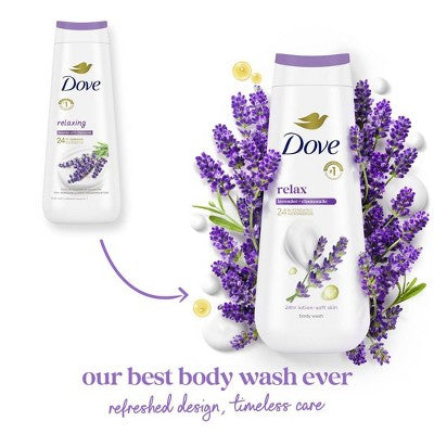 Dove Relax Body Wash Lavender & Chamomile 24hr Lotion Soft Skin 20 fl oz - Imperfect Container