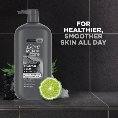 Dove Men+Care Charcoal + Clay Purifying Body; Face Wash Pump Sulfate Free 30 fl oz - Imperfect Container