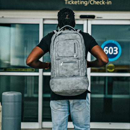 Grey Leather Carry-On Patented Backpack