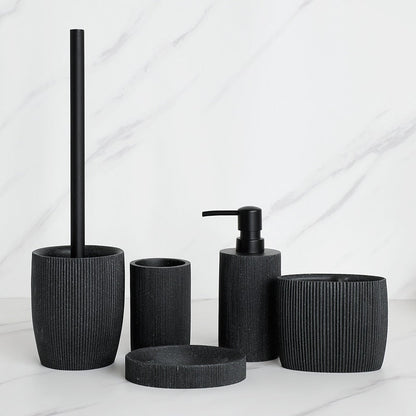 Sleek Black Bathroom Set: Soap Dispenser, Toothbrush Holder, Tumbler, Soap Dish, Mouthwash Cup, Toilet Brush Holder