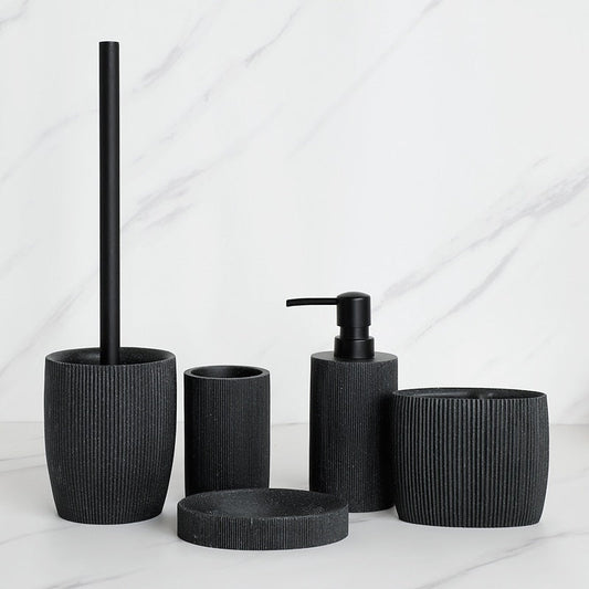 Sleek Black Bathroom Set: Soap Dispenser, Toothbrush Holder, Tumbler, Soap Dish, Mouthwash Cup, Toilet Brush Holder