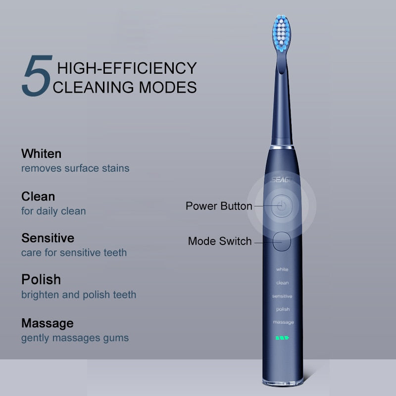 Seago Electric Sonic Toothbrush USB Rechargeable Adult 360 Days Long Battery Life with 4 Replacement Heads Gift SG-575