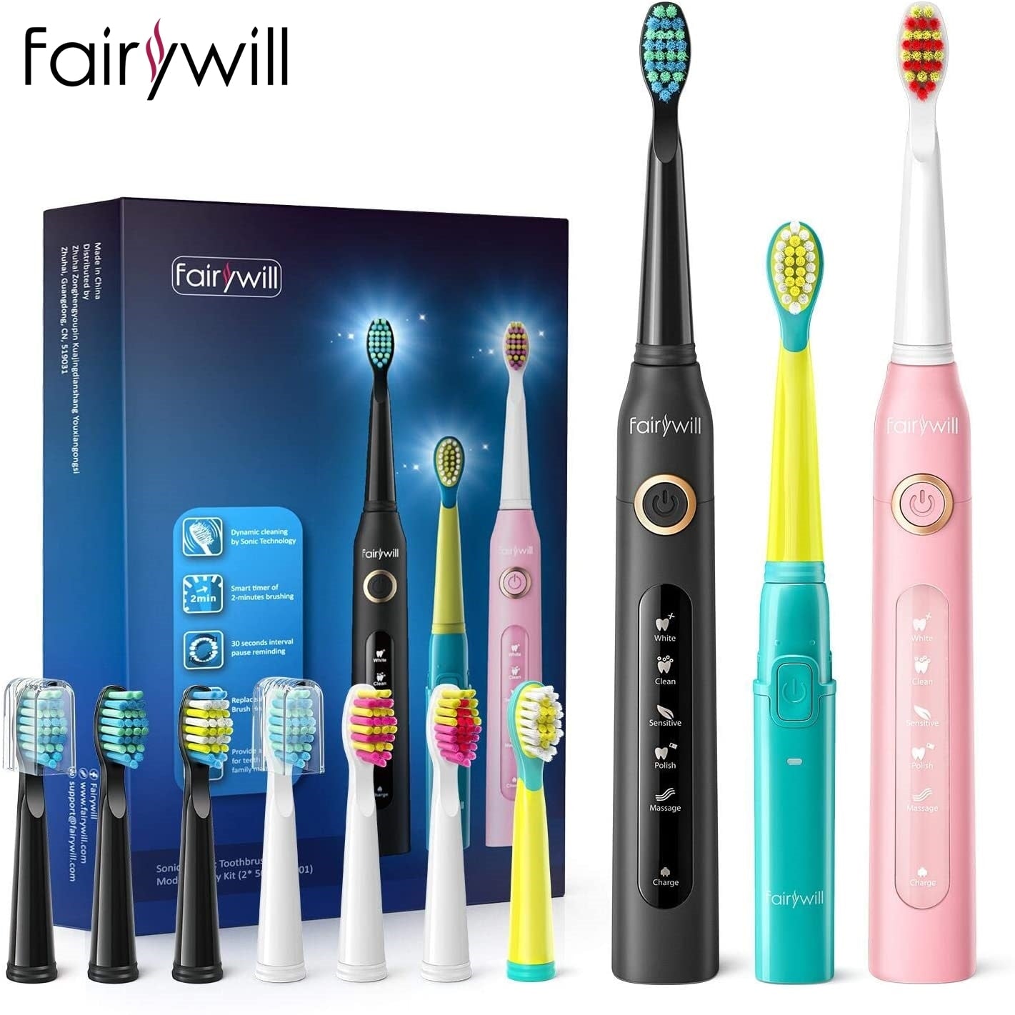 Fairywill FW-508 Sonic Electric Toothbrush Rechargeable Timer Brush 5 Modes Fast Charge Tooth Brush 8 Brush Heads for Adults