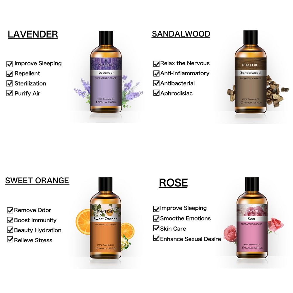 3.38Oz 100ml Lavender Essential Oil Diffuser Pure Natural Plant Essential Oils Vanilla Mint Lemon Tea Tree Citronella Aroma