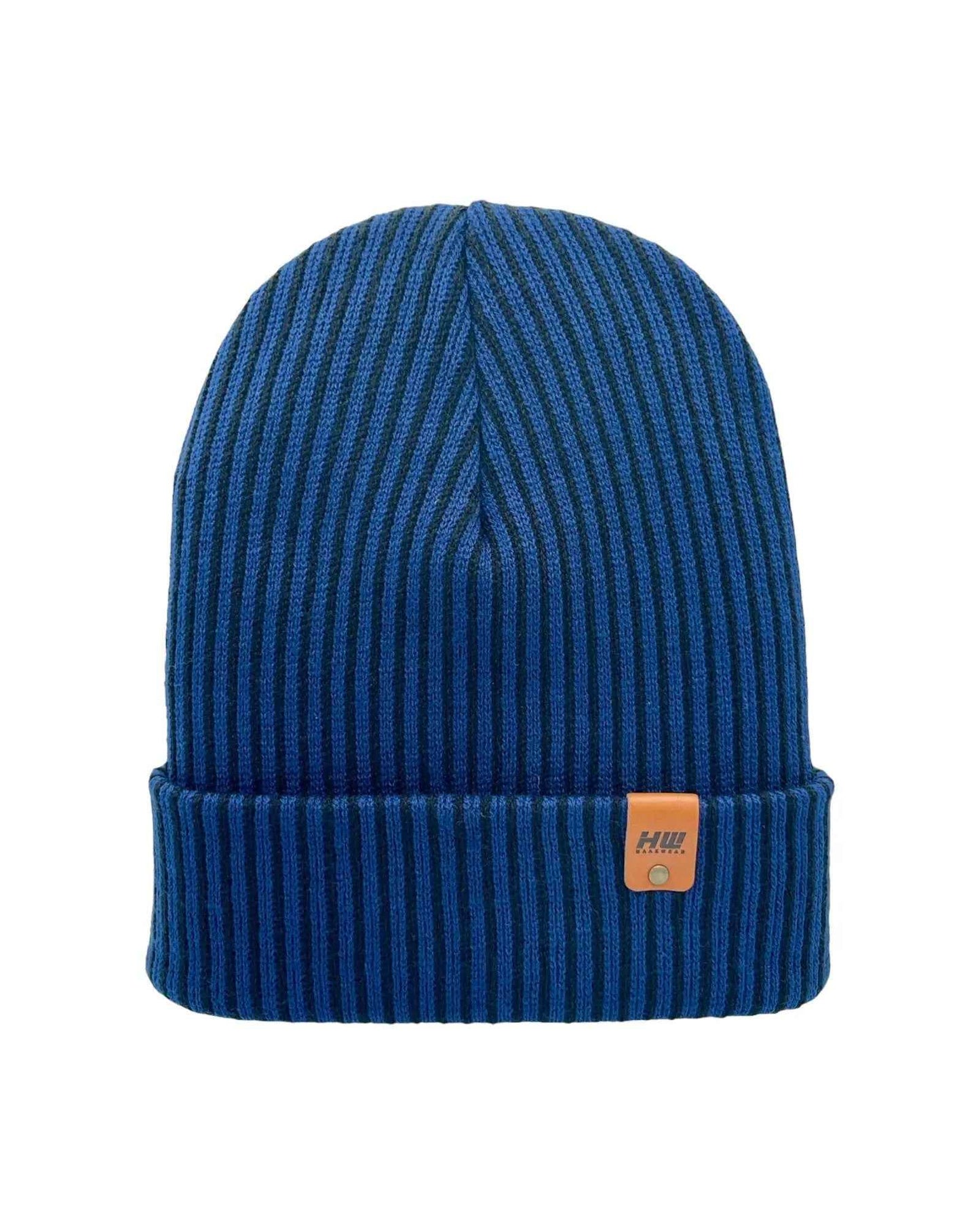Cuffed Wide Ribbed Striped Beanie, Contrast, Black and Blue, Classic Beanie