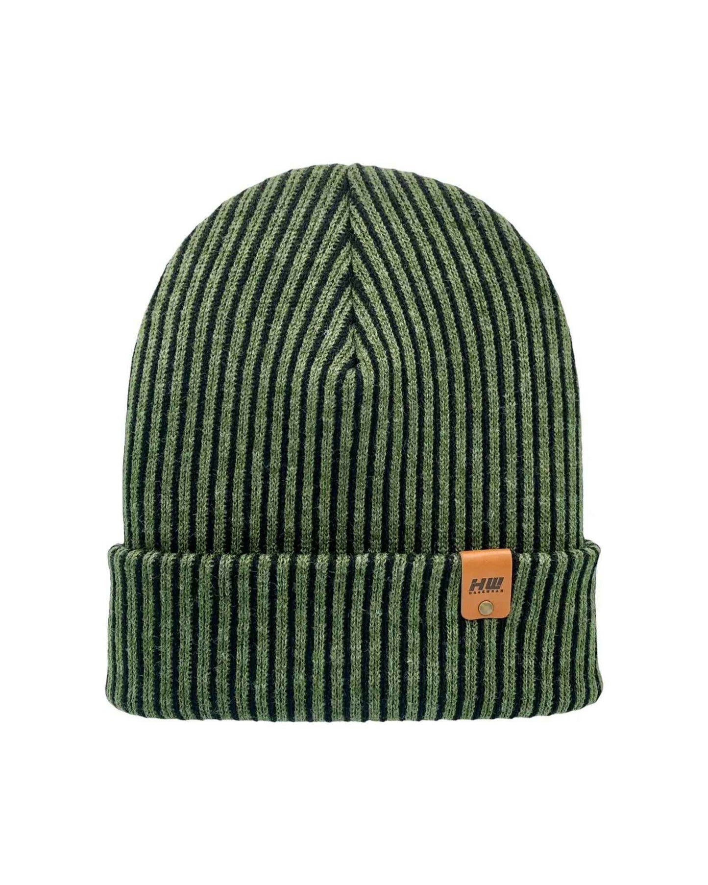 Cuffed Wide Ribbed Striped Beanie, Contrast, Black and Green, Classic Beanie