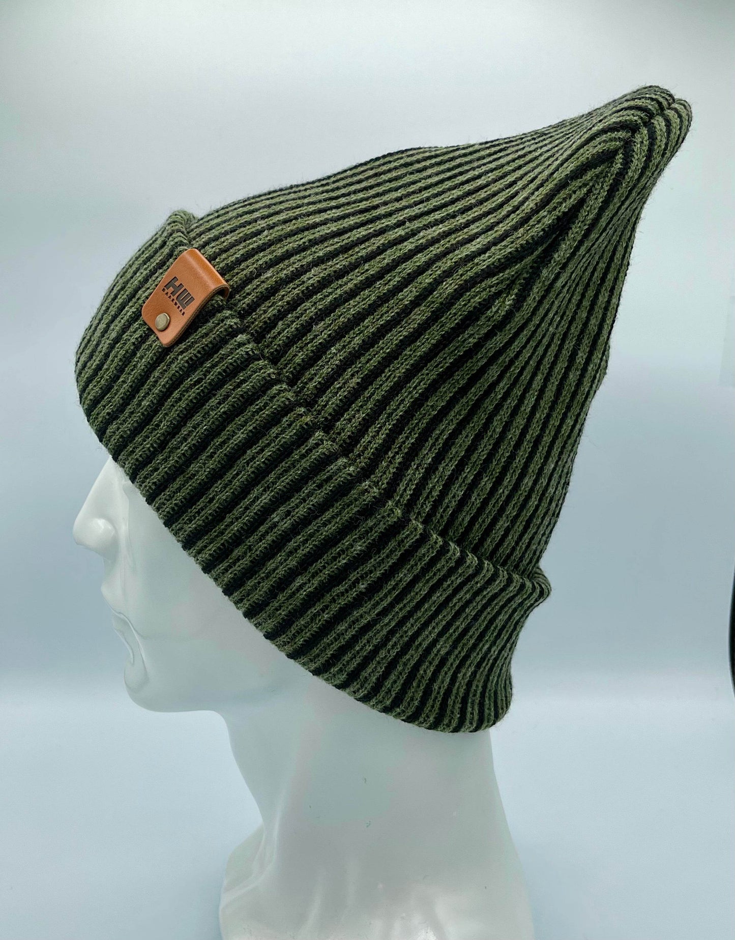 Cuffed Wide Ribbed Striped Beanie, Contrast, Black and Green, Classic Beanie