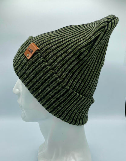 Cuffed Wide Ribbed Striped Beanie, Contrast, Black and Green, Classic Beanie