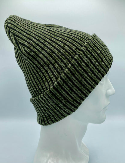 Cuffed Wide Ribbed Striped Beanie, Contrast, Black and Green, Classic Beanie