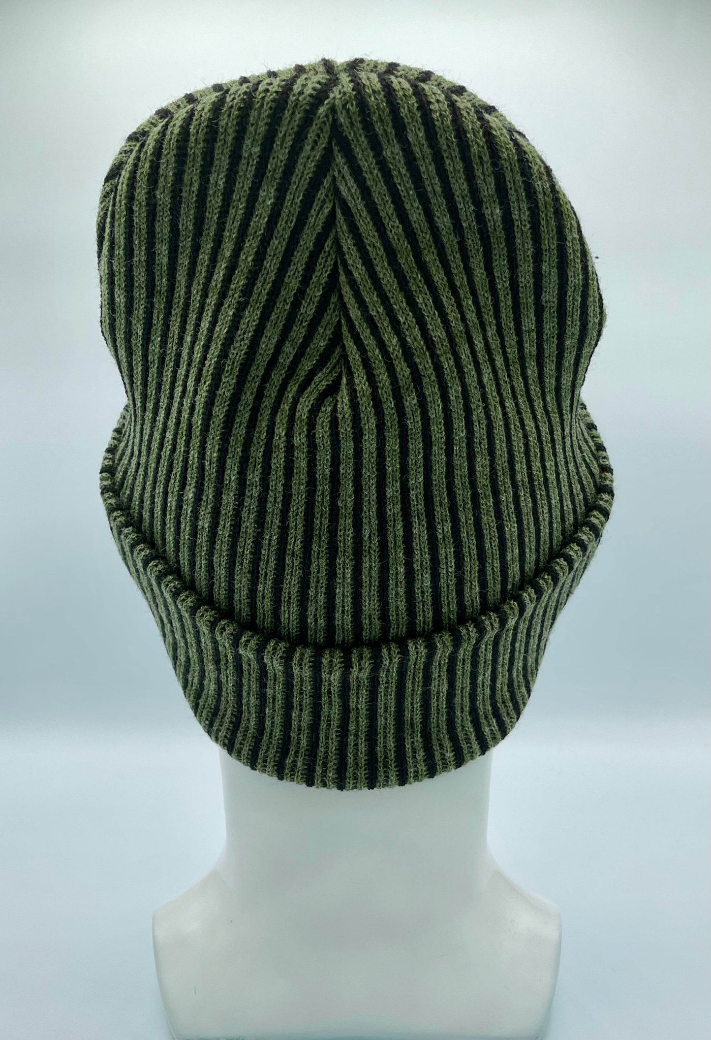 Cuffed Wide Ribbed Striped Beanie, Contrast, Black and Green, Classic Beanie