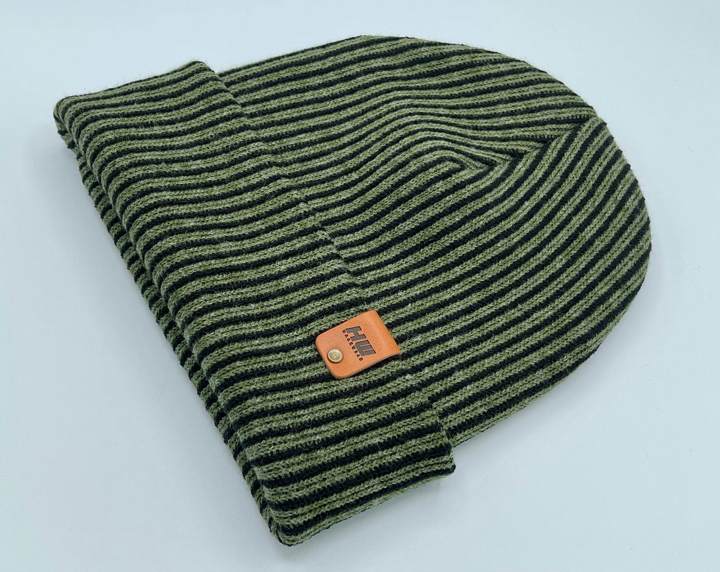 Cuffed Wide Ribbed Striped Beanie, Contrast, Black and Green, Classic Beanie
