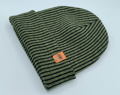 Cuffed Wide Ribbed Striped Beanie, Contrast, Black and Green, Classic Beanie