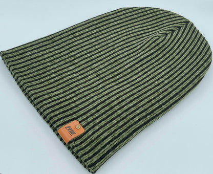 Cuffed Wide Ribbed Striped Beanie, Contrast, Black and Green, Classic Beanie